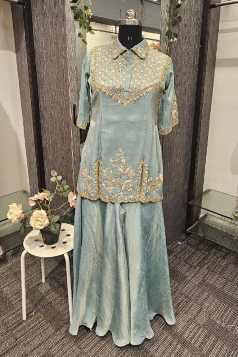 Sky Blue Collared Kurti Plazzo Set With Handwork