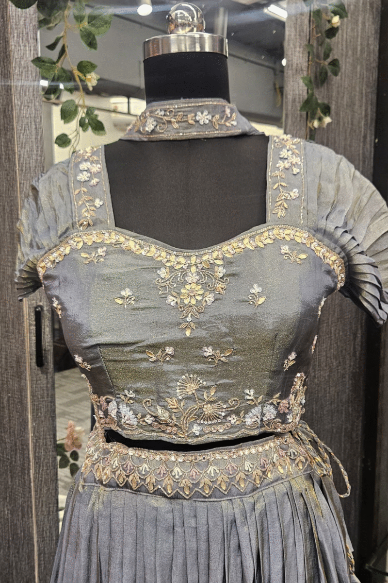 Grey Pleated Ghaghra Set With Handwork - Image 2