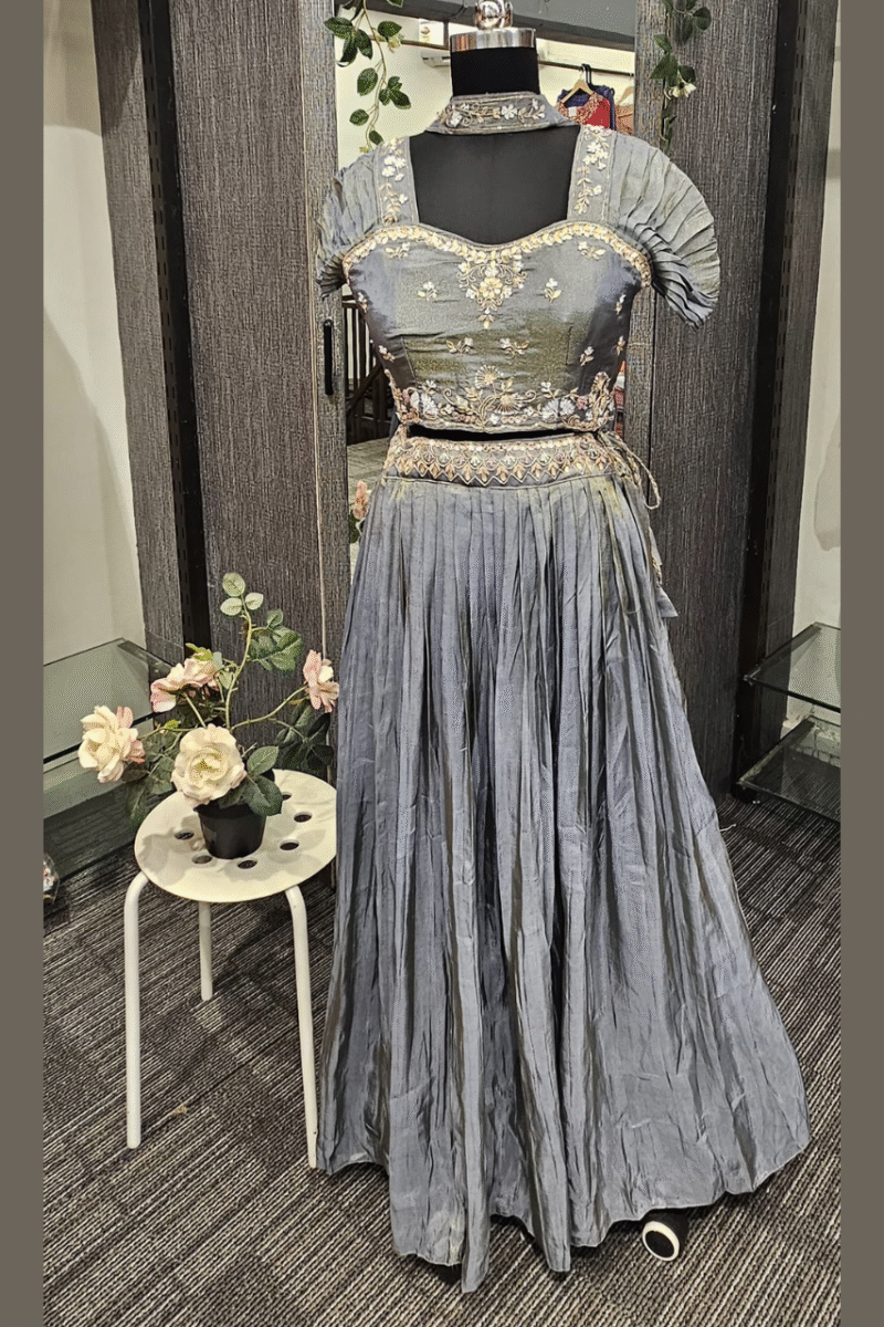 Grey Pleated Ghaghra Set With Handwork