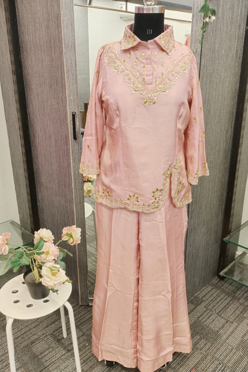 Classy Baby Pink Silk Cord Set With Handwork - Image 3