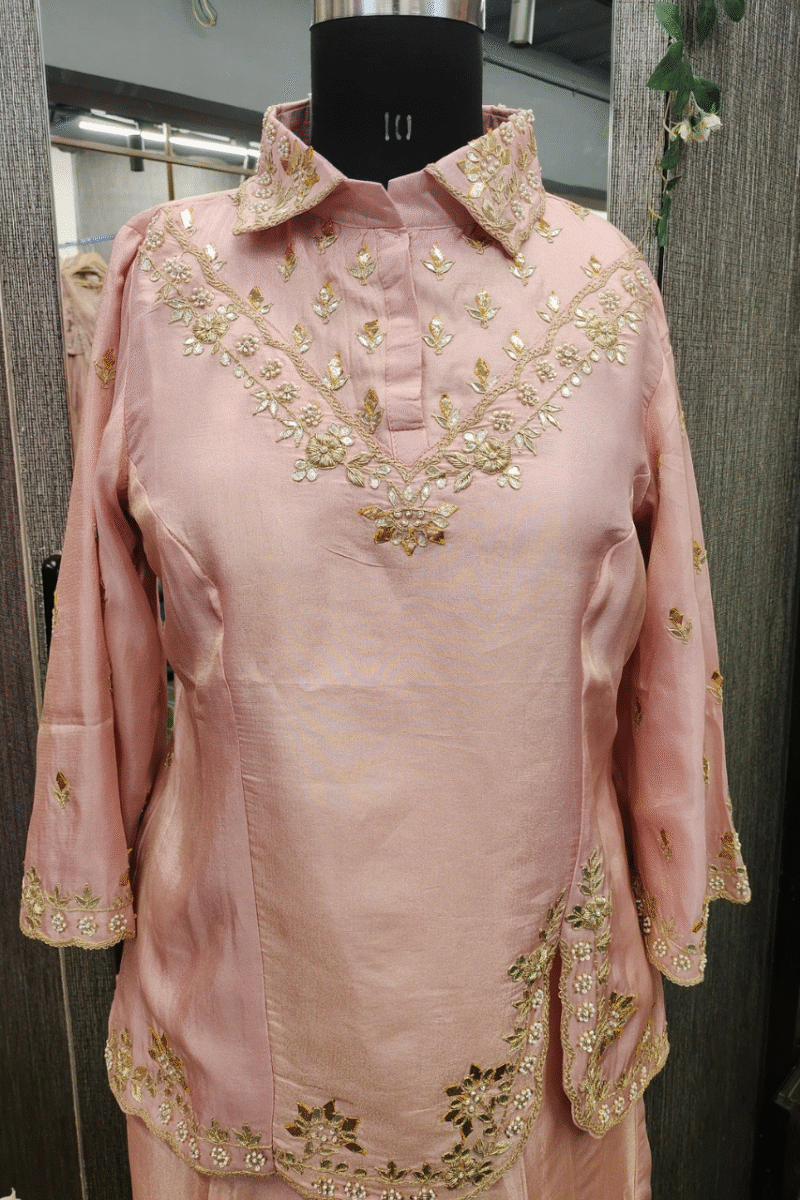 Classy Baby Pink Silk Cord Set With Handwork - Image 2