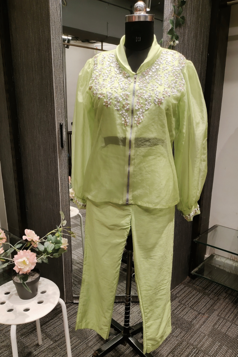 Trendy Lime Green Organza Cord Set With Handwork