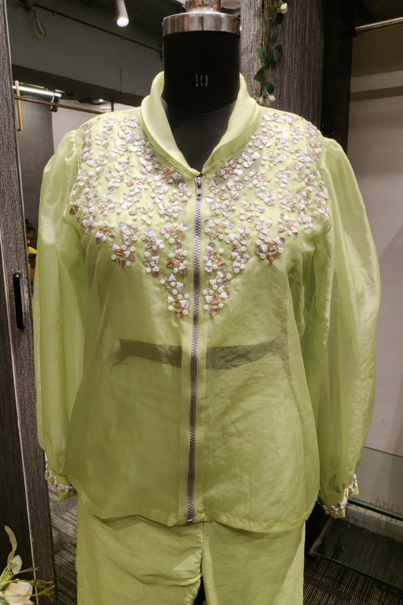 Trendy Lime Green Organza Cord Set With Handwork - Image 2