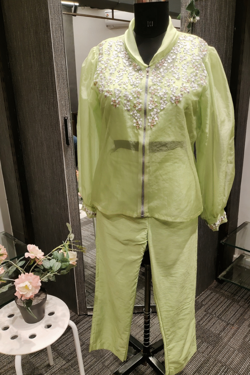 Trendy Lime Green Organza Cord Set With Handwork - Image 3