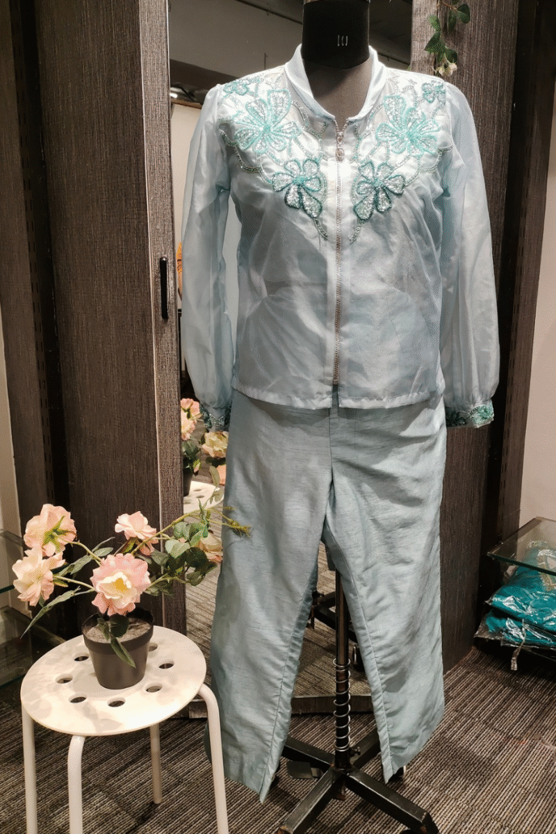 Trendy Sky Blue Organza Cord Set With Handwork