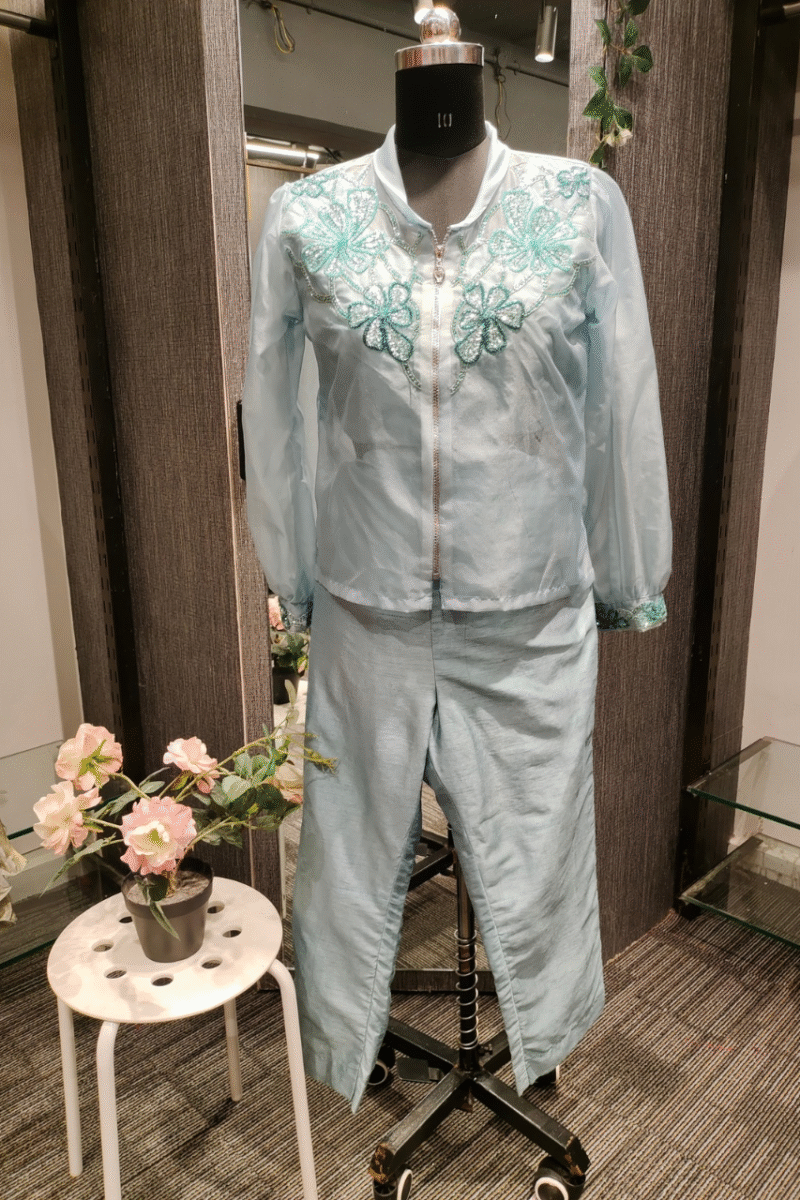 Trendy Sky Blue Organza Cord Set With Handwork - Image 3