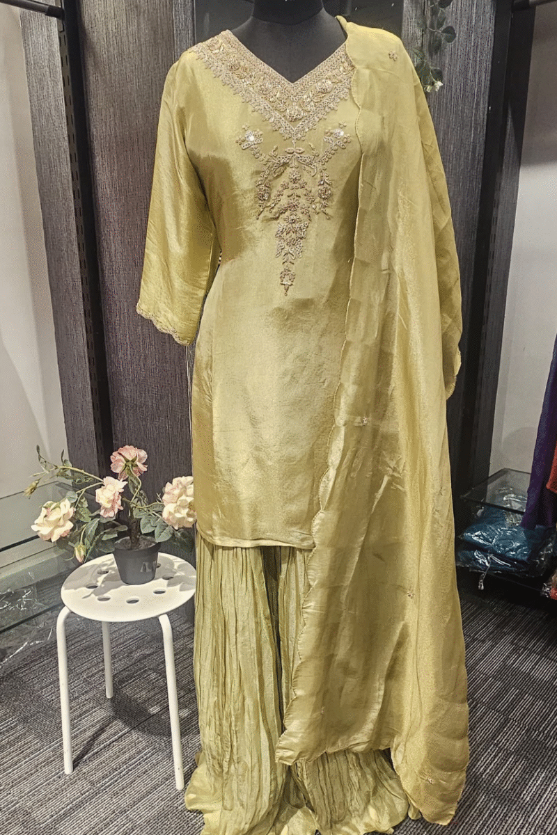 Pearl Tissue Kurti Plazzo Set With Zardoshi work