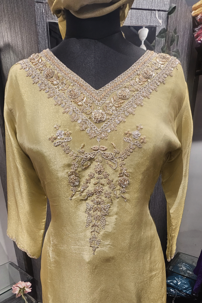 Pearl Tissue Kurti Plazzo Set With Zardoshi work - Image 3