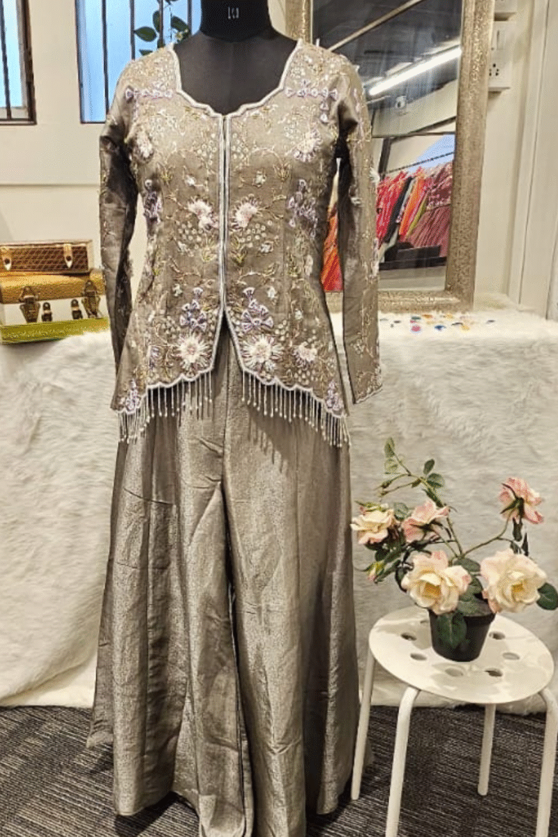 Premium Grey Kurta Plazzo Set With Handwork