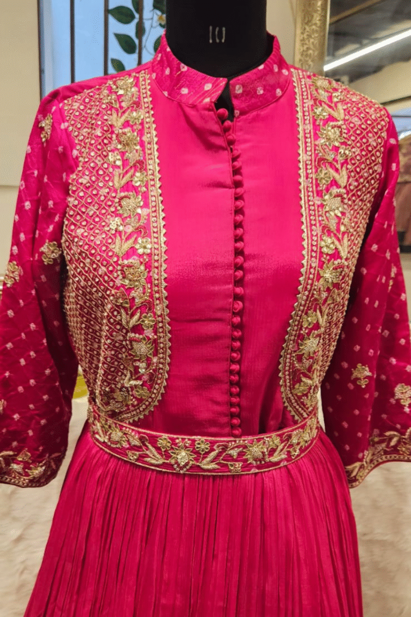 Elegant Rani Pink Gown Featuring Jacket Look and Embellished Belt - Image 2