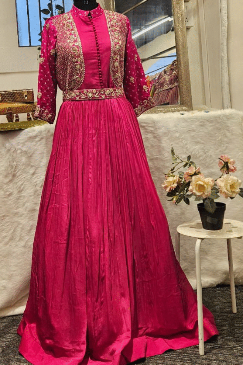 Elegant Rani Pink Gown Featuring Jacket Look and Embellished Belt - Image 3