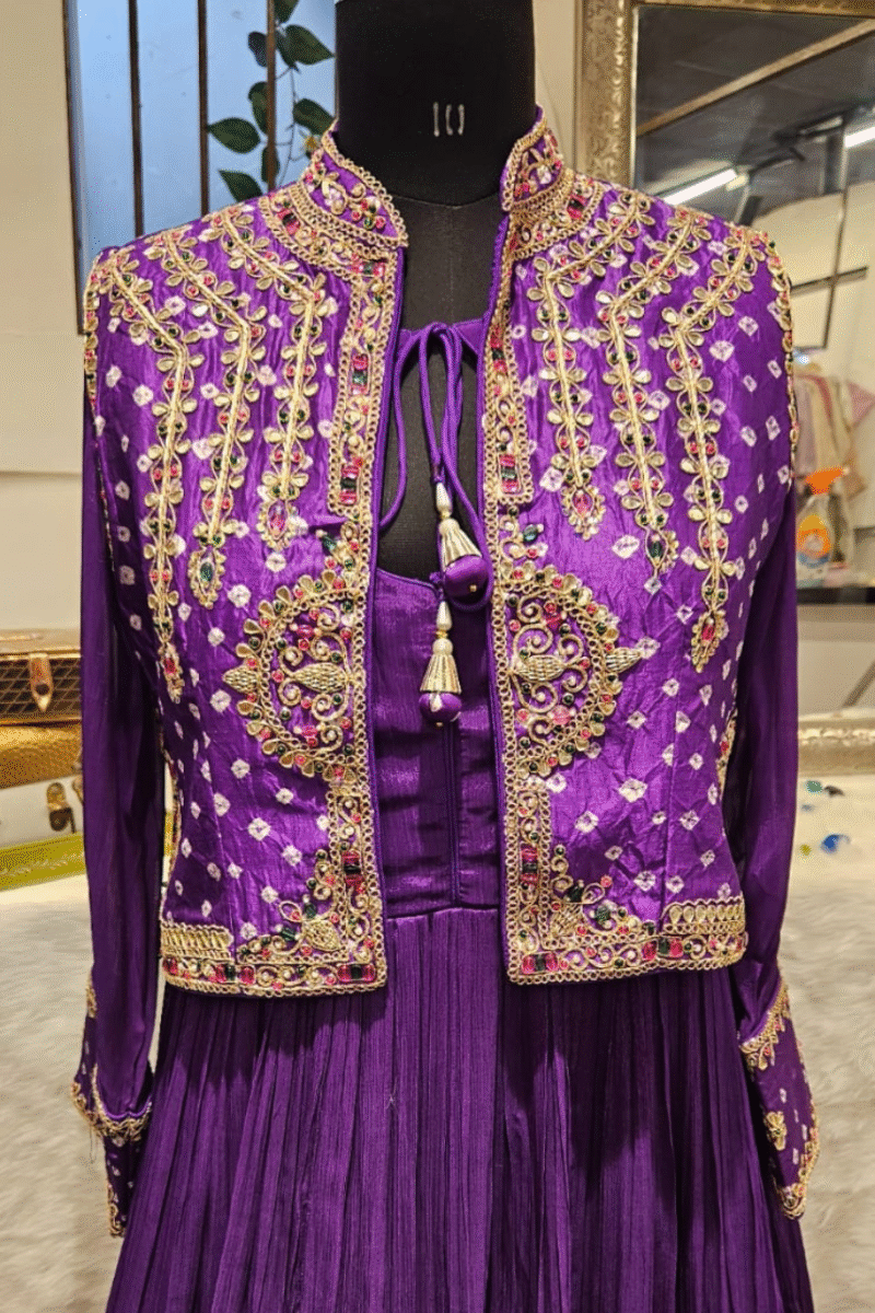 Regal Purple Ensemble with Intricate Handcrafted Jacket - Image 3