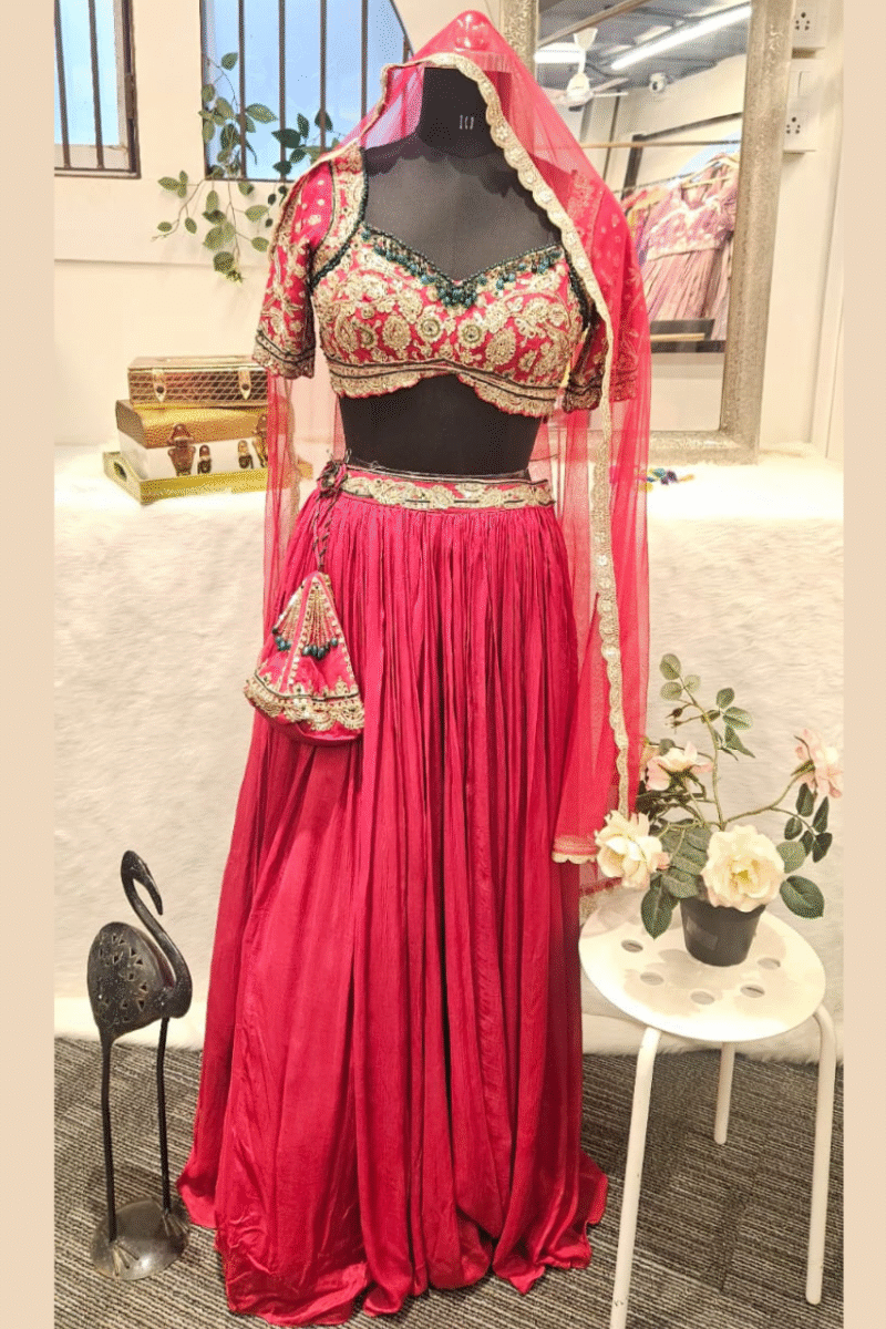 Elegant Red Lehenga Set With Potli - Image 2