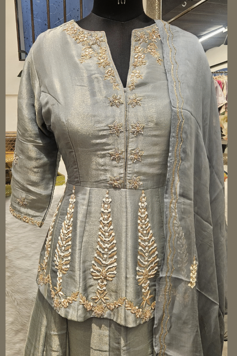 Sage Grey Peplum Kurta Set With Zardoshi Work - Image 4