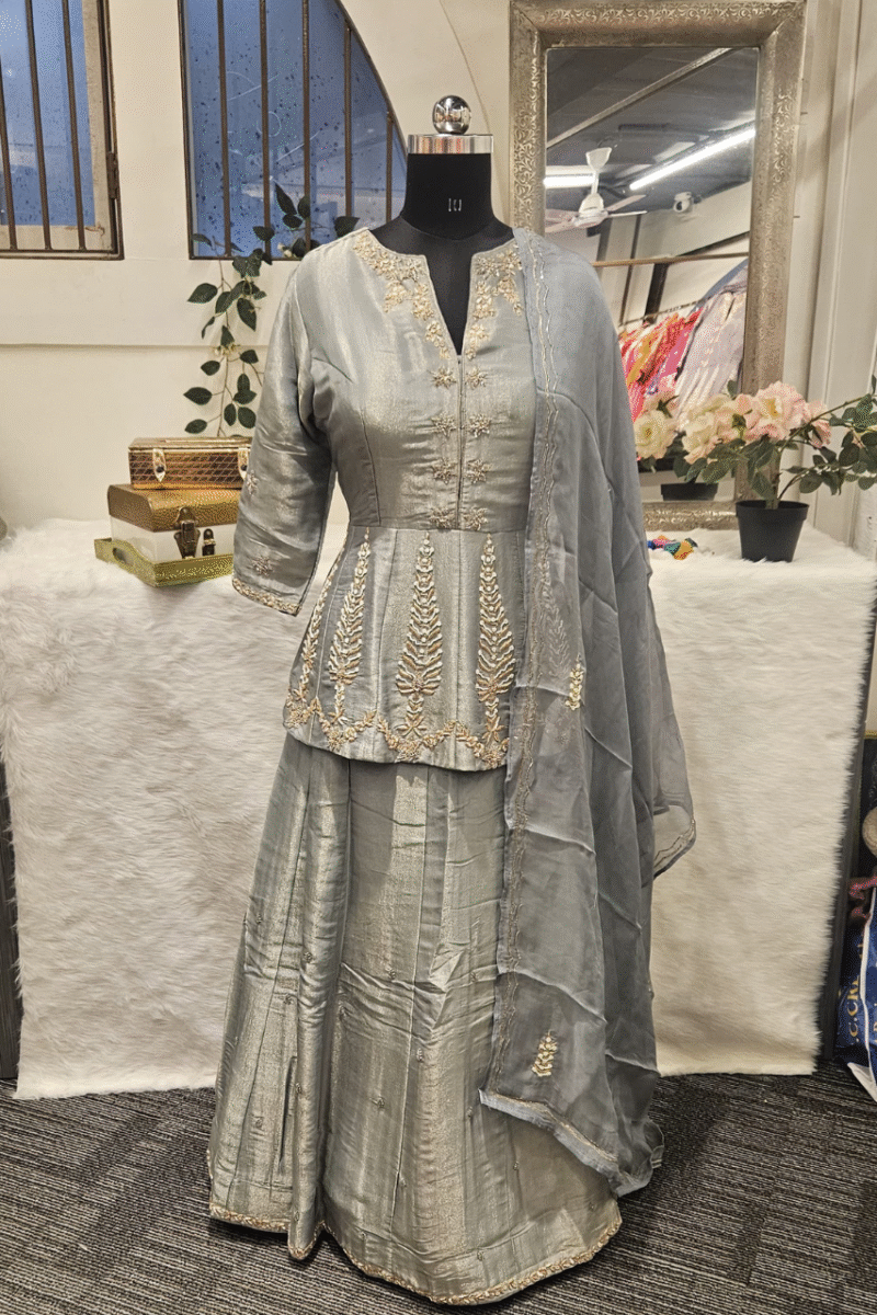 Sage Grey Peplum Kurta Set With Zardoshi Work - Image 7