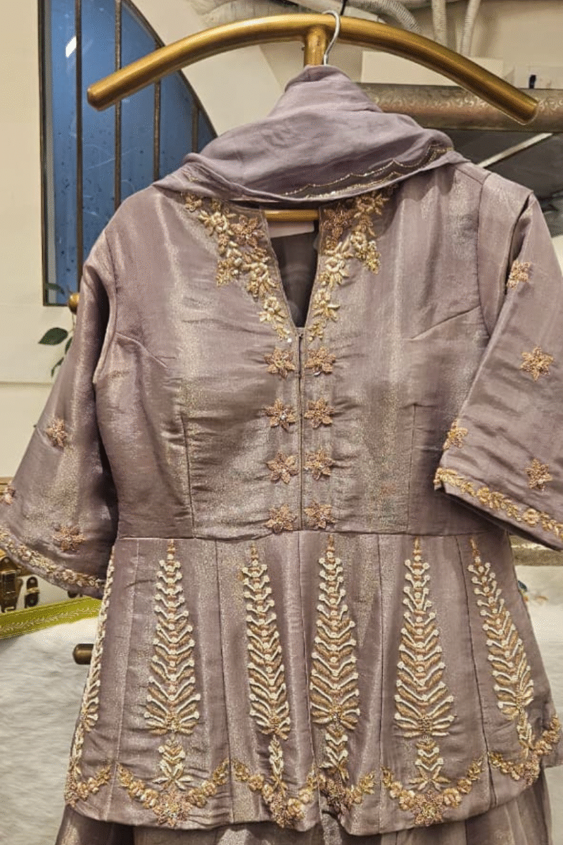 Sage Grey Peplum Kurta Set With Zardoshi Work - Image 6