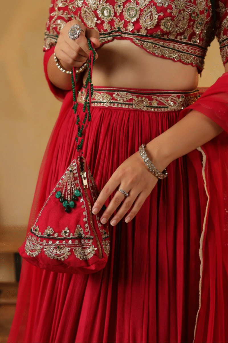 Elegant Red Lehenga Set With Potli - Image 6