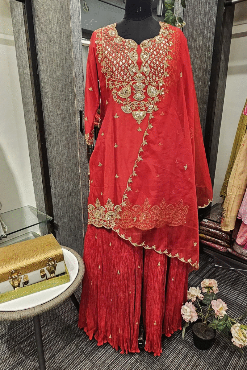 Regal Red Zardoshi  Kurta Set With Crushed Plazzo