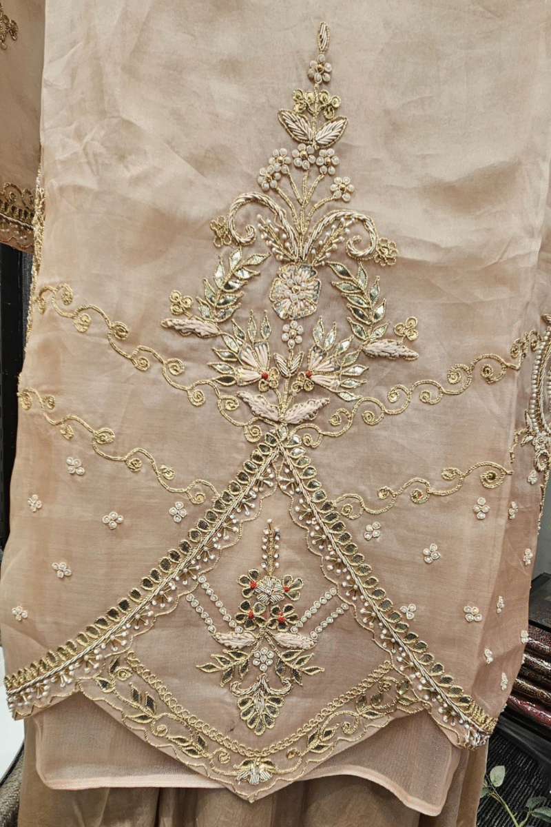 Rich Chanderi Beige Gold Kurta Set With Handwork - Image 2