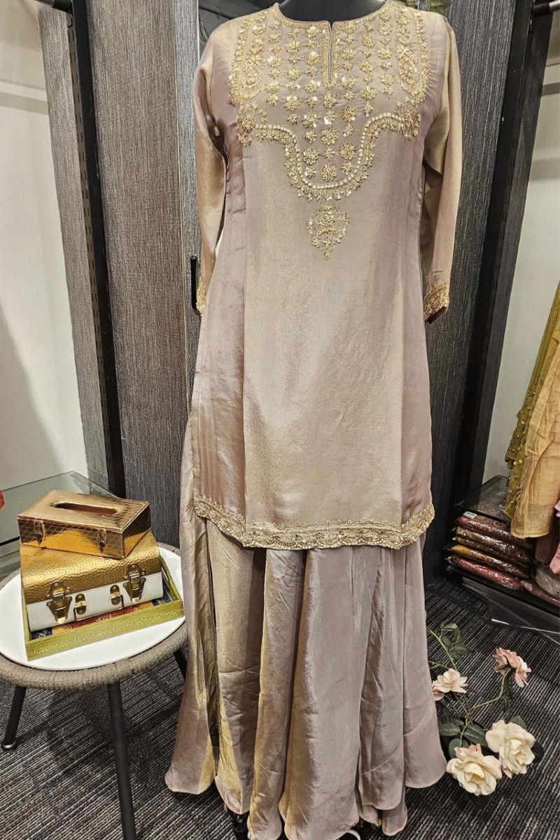 Dusty Mauve Kurti Ghaghra Set With Zardoshi Work - Image 3