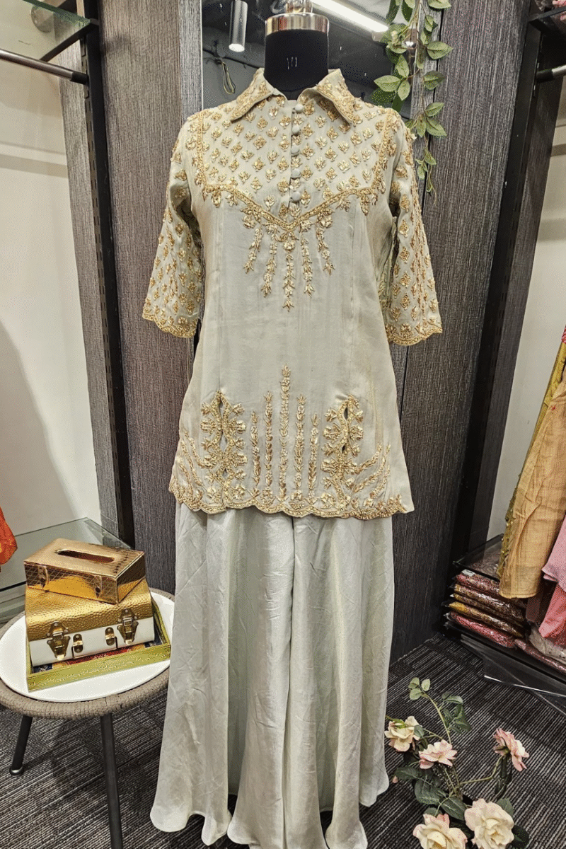 Collared Kurti Plazzo Set With Handwork
