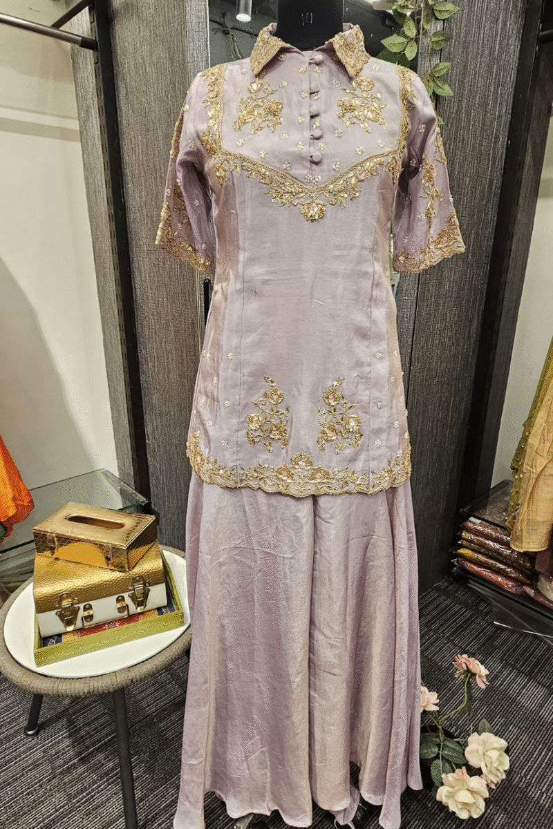 Lilac Collared Kurti Plazzo Set With Handwork