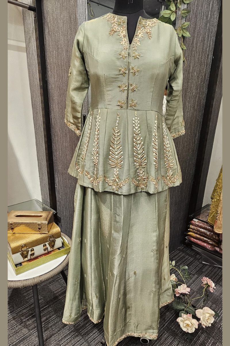 Sage Grey Peplum Kurta Set With Zardoshi Work - Image 5