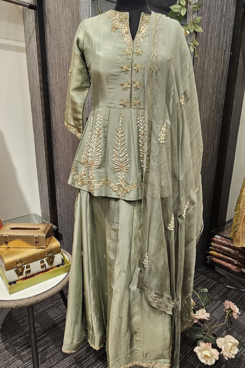 Sage Grey Peplum Kurta Set With Zardoshi Work