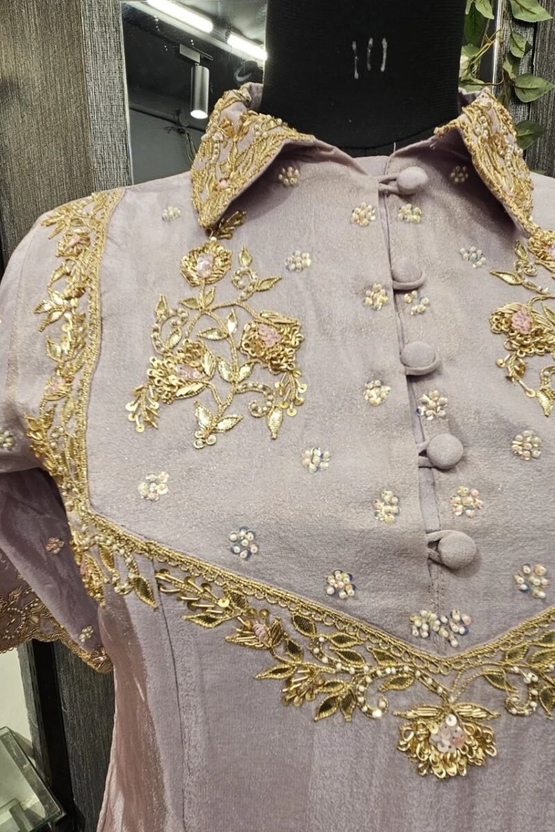 Lilac Collared Kurti Plazzo Set With Handwork - Image 2