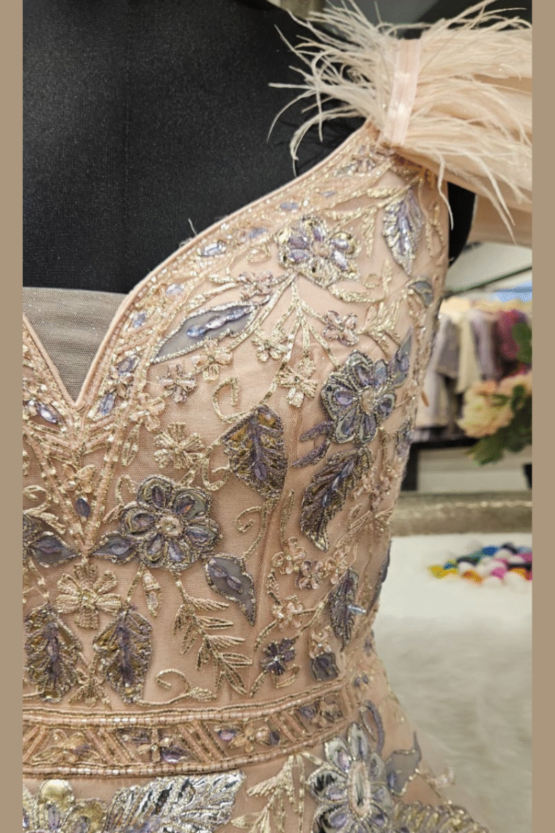 Peach Feathered Gown With Handwork - Image 4