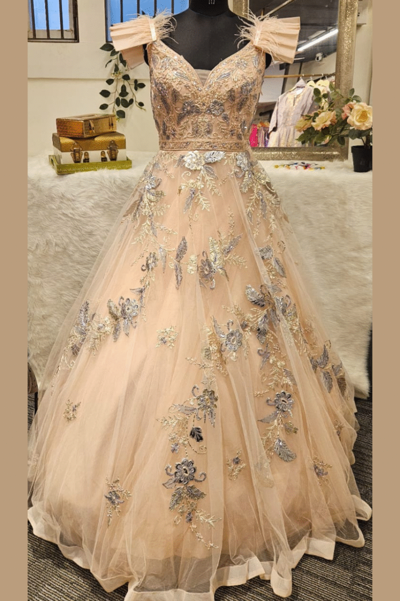 Peach Feathered Gown With Handwork