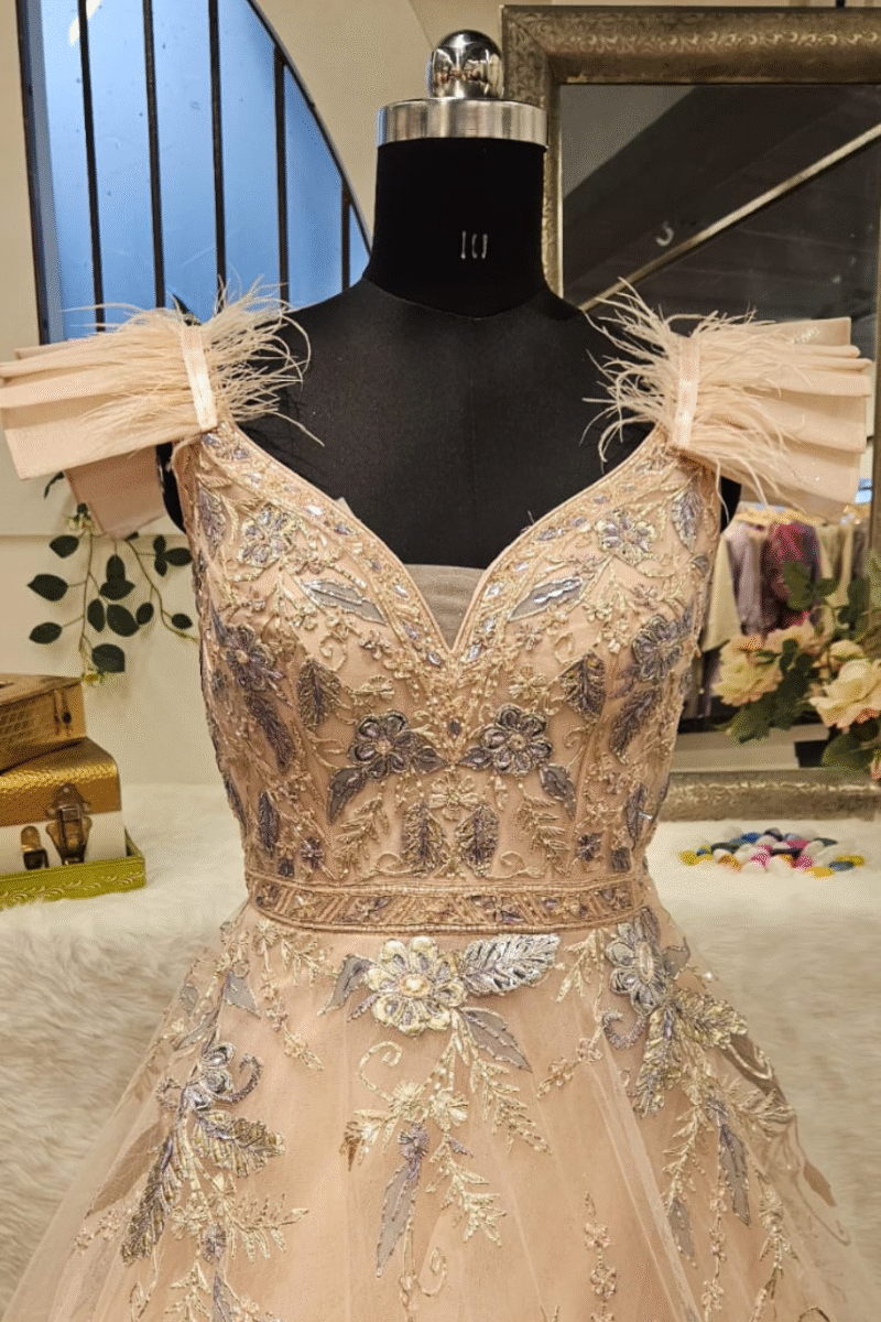 Peach Feathered Gown With Handwork - Image 2