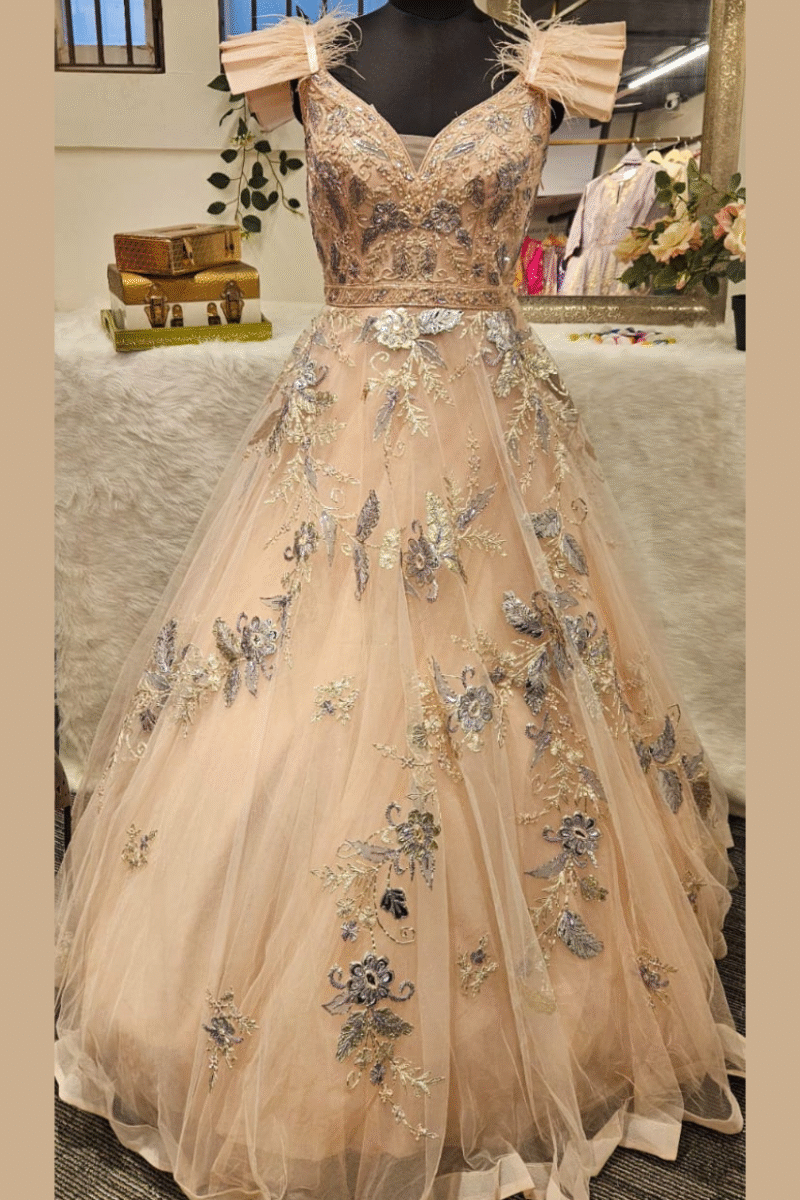 Peach Feathered Gown With Handwork - Image 3
