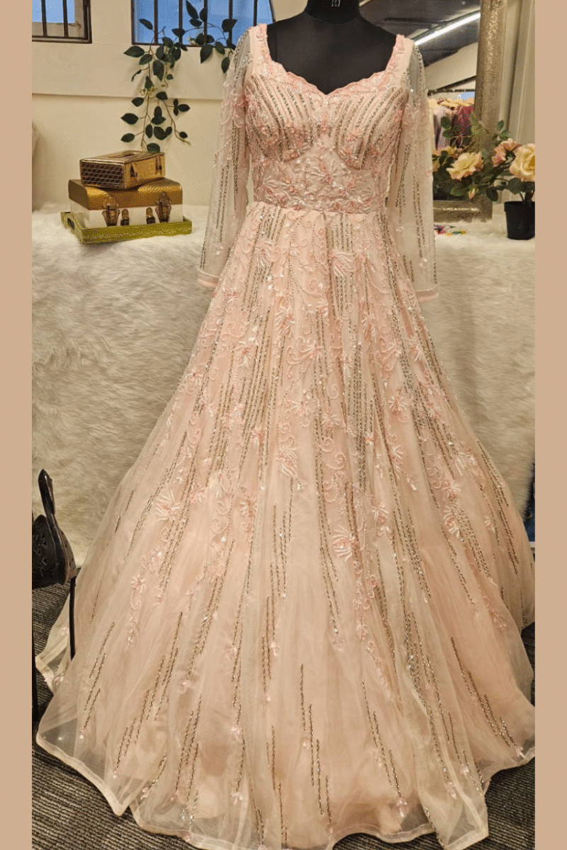 Blush Peach Radiance Gown With Handwork