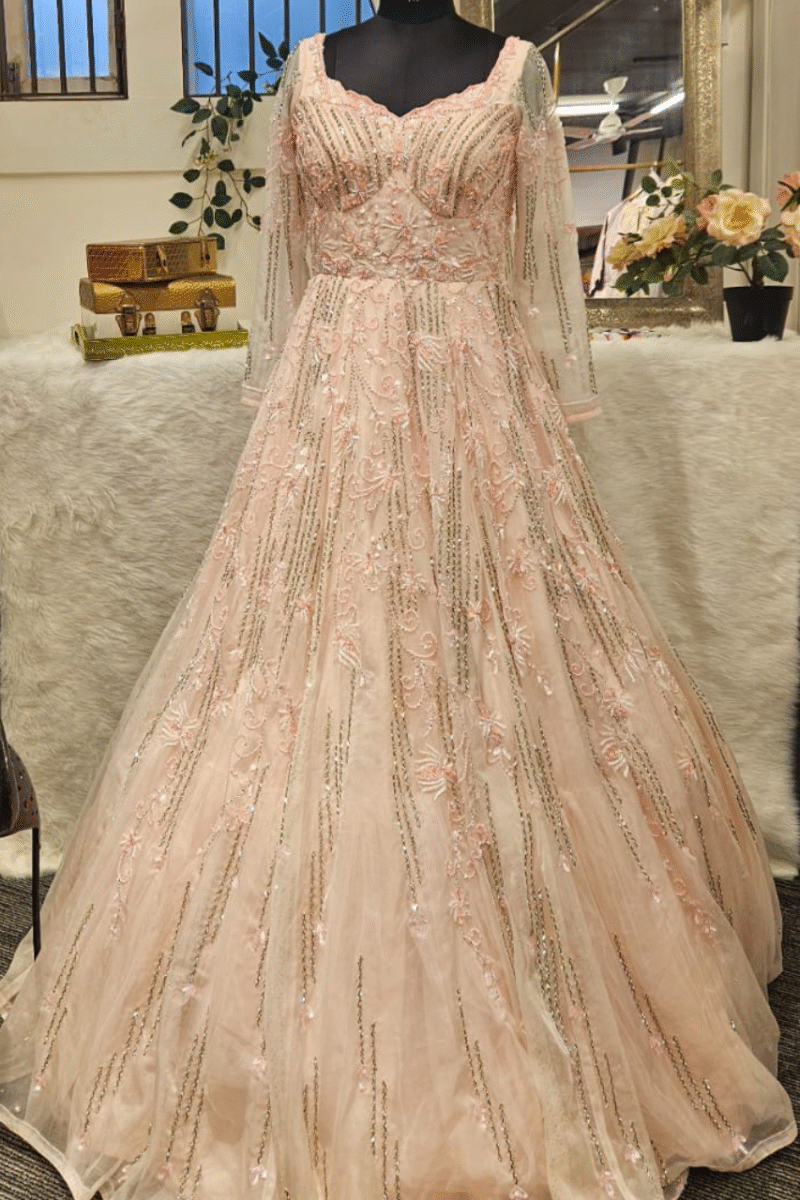 Blush Peach Radiance Gown With Handwork - Image 4