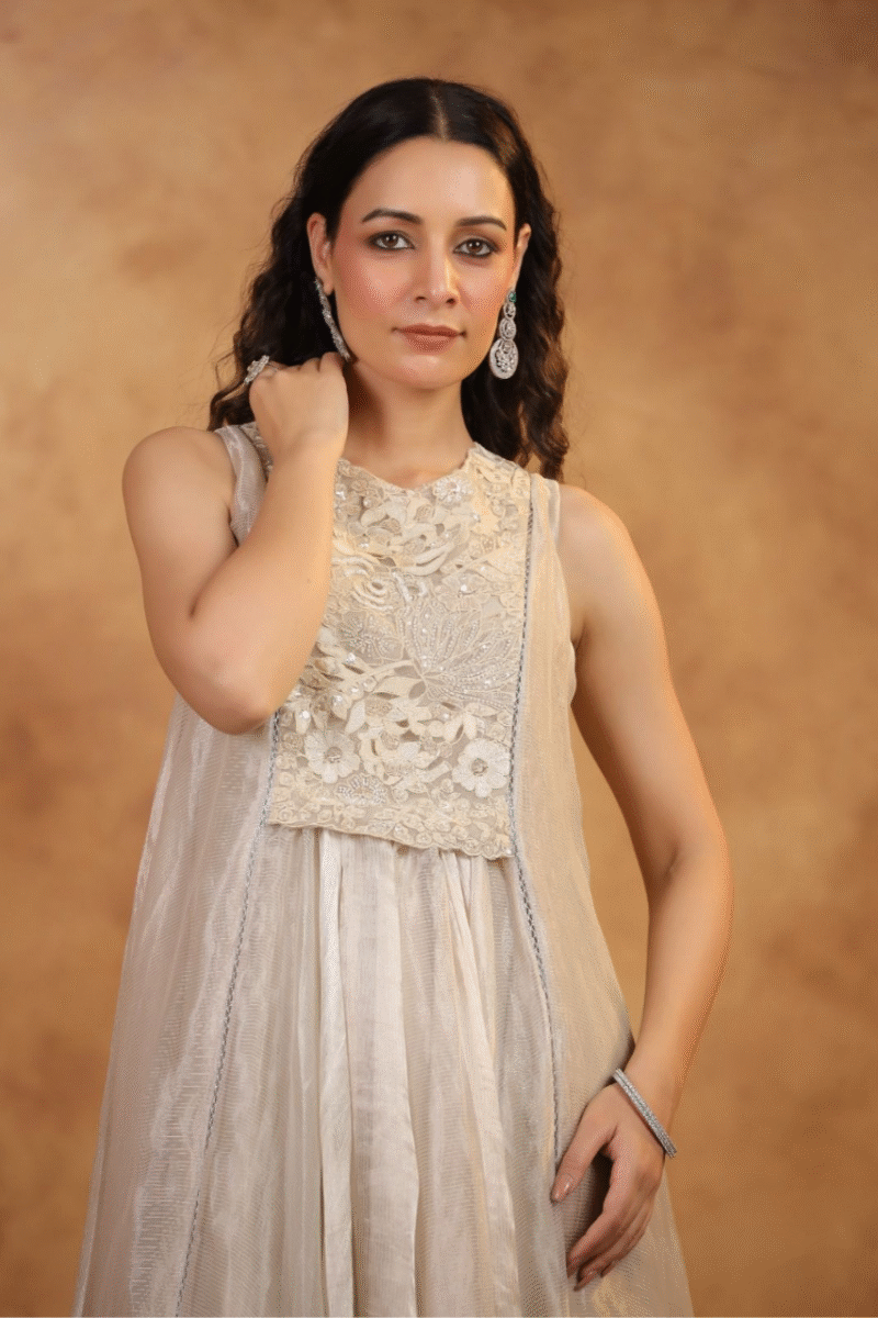 Tissue A-Line Kurta Palazzo Set with Cutwork Embroidery - Image 4
