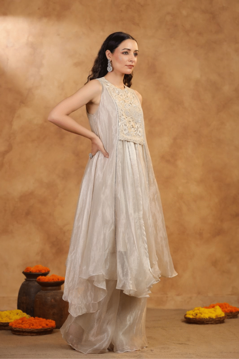 Tissue A-Line Kurta Palazzo Set with Cutwork Embroidery - Image 2