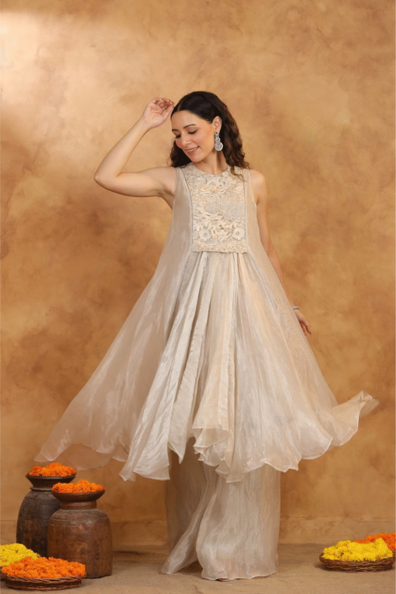 Tissue A-Line Kurta Palazzo Set with Cutwork Embroidery - Image 7