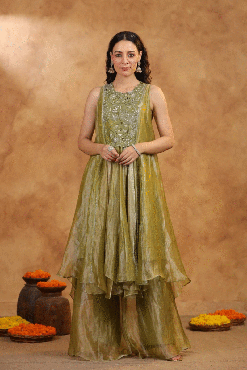 Tissue A-Line Kurta Palazzo Set with Cutwork Embroidery - Image 3