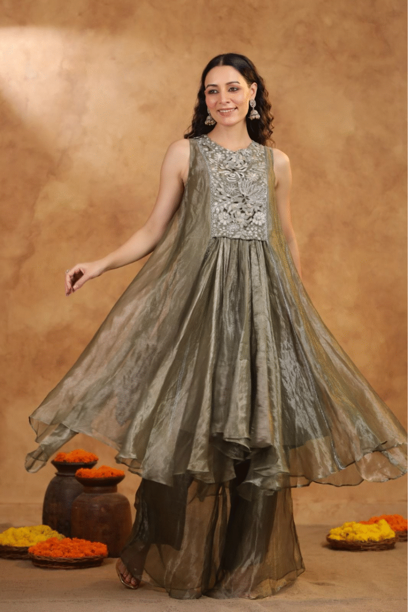 Tissue A-Line Kurta Palazzo Set with Cutwork Embroidery - Image 8