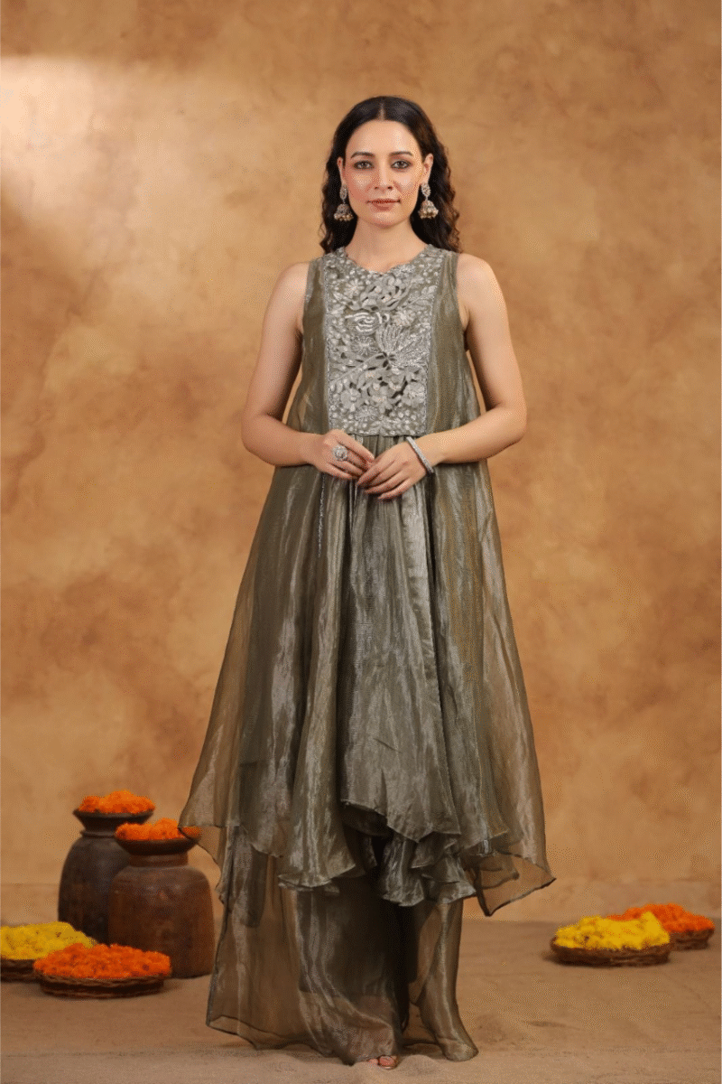Tissue A-Line Kurta Palazzo Set with Cutwork Embroidery