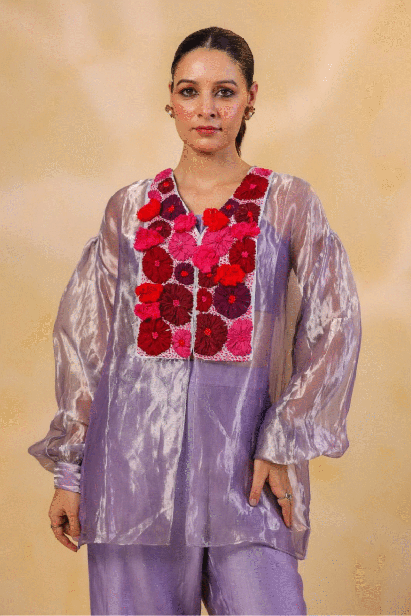 Shimmer Tissue Co-ord Set With Thread And Applique Embroidery - Image 5