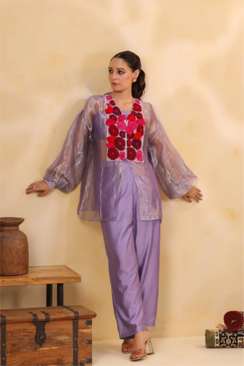 Shimmer Tissue Co-ord Set With Thread And Applique Embroidery