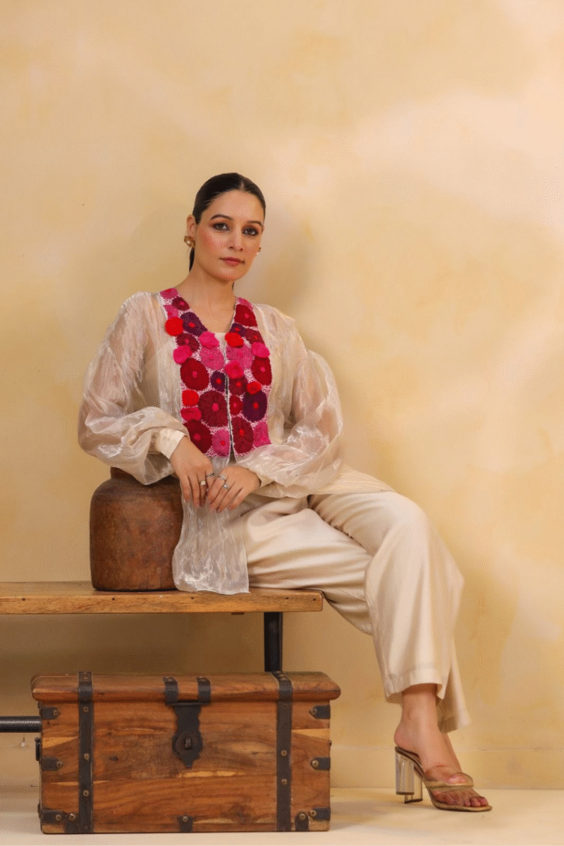 Shimmer Tissue Co-ord Set With Thread And Applique Embroidery - Image 6
