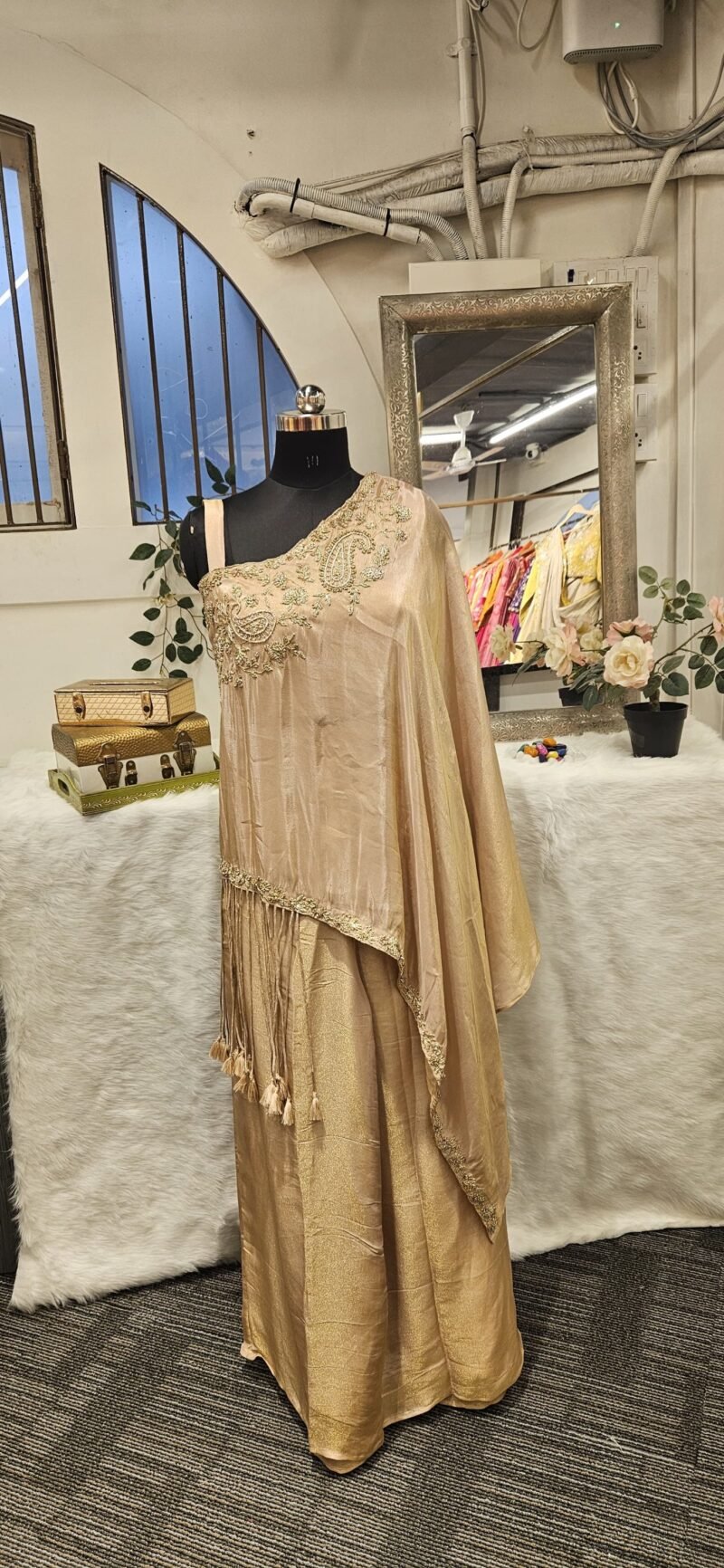 One-Shoulder Handworked Poncho With Drape Skirt - Image 3
