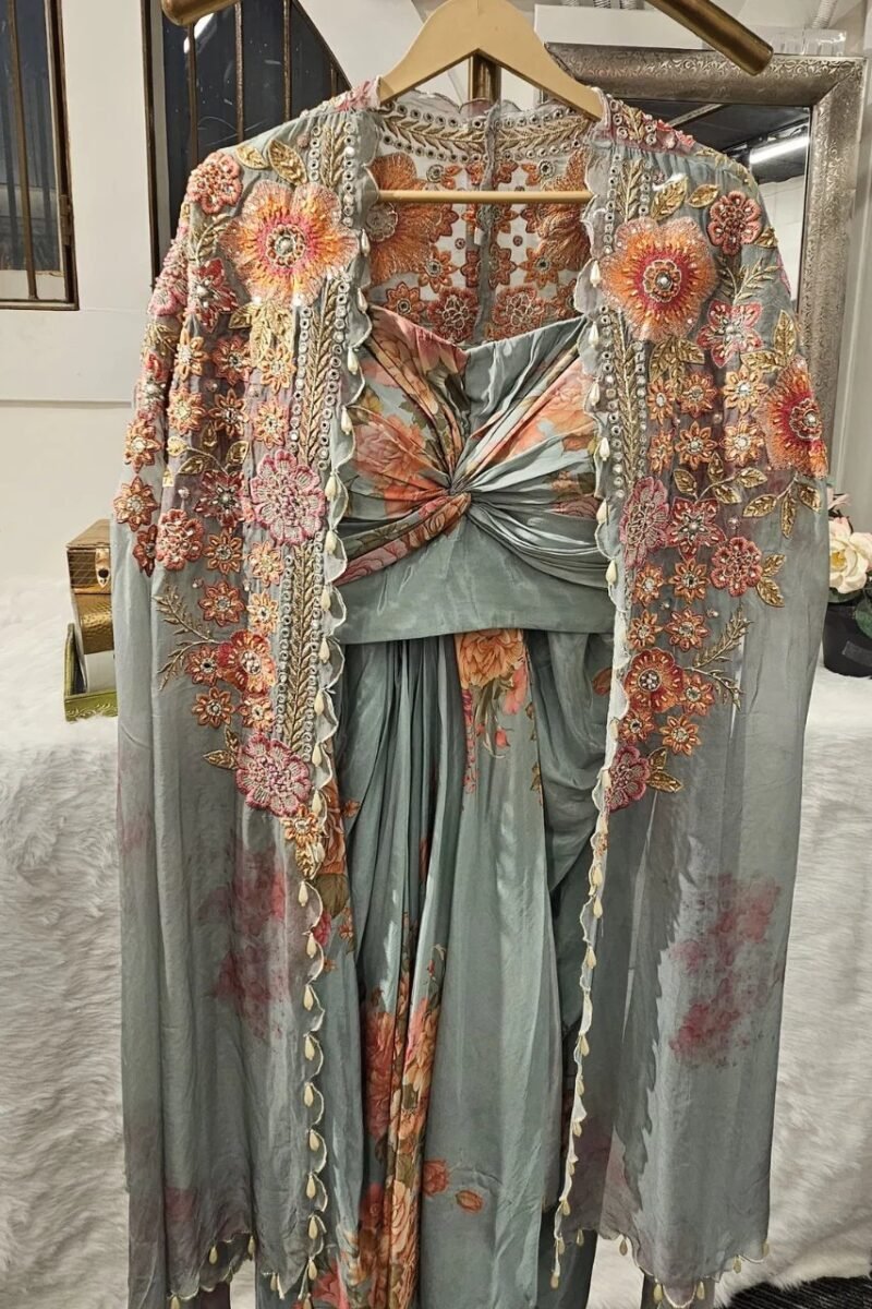 Long Cape Jacket With Drape Skirt - Image 4