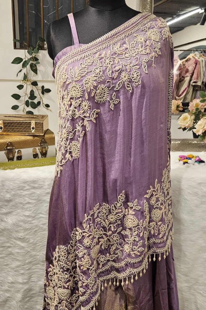 One-Shoulder Handworked Poncho With Plazzo - Image 2