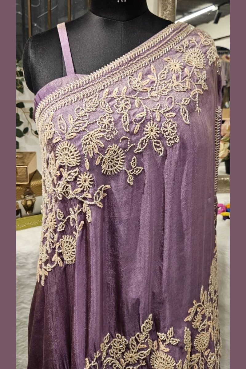 One-Shoulder Handworked Poncho With Plazzo - Image 3