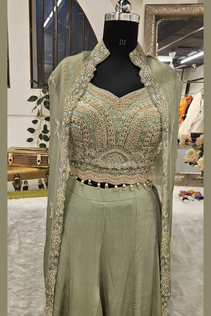 Pastel  Elegance Jacket Plazzo Set With Handwork - Image 5