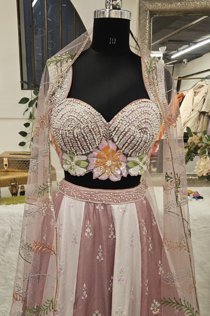 Elegant Mauve Silk Lehenga Set With Handwork - Image 3